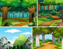 Four Nature Scenes With Forest And Mountain