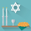 Shabbat candles, kiddush cup and challah in flat style.