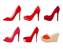 Vector Set Of Red Realistic Women Shoes