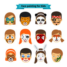 Face Painting Icons. Kids Faces With Animals And Heroes Painting. Vector Illustration