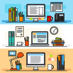 Fototapete - Thin line flat design concept of designer workspace or app developer workspace. Vector iluustration