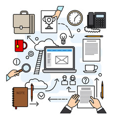 Fototapete - Thin line creative workspace concept with tools and hands. Creative team process in thin line style. Vector illustration