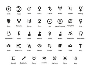 large set of planet and constellations signs on white