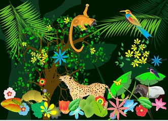 Jungle scene vector illustration, monkey,leopard jaguar, exotic animals and plants.