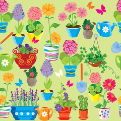 Seamless pattern with spring and summer flowers in pots. Ready t