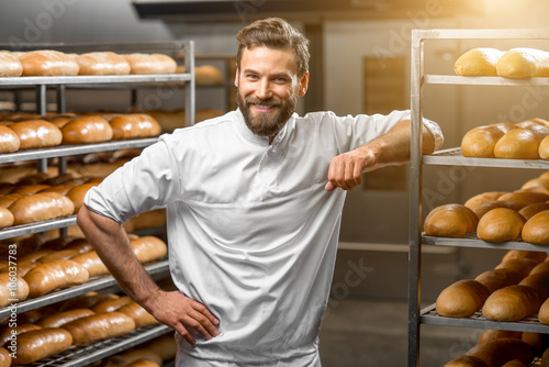 Cuadros en Lienzo Portrait of handsome baker at the bakery with breads and oven on the background