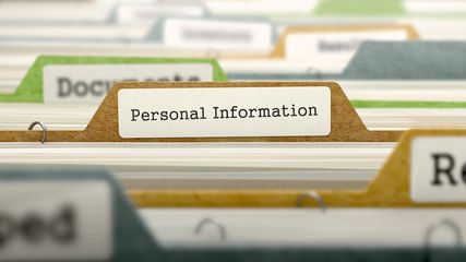 personal information concept on file label in multicolor card index. closeup view. selective focus. 