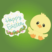 Small Yellow Easter Chick On Green Background With Text