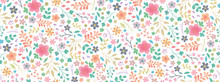 Beautiful And Bright Spring Colorful Pastel Flowers, Leaves, Twigs. Pattern