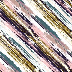 Wall Mural - Vector seamless pattern with gold glitter textured brush strokes and stripes