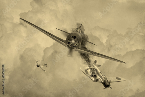 Fotomural 'Vintage Style' image of a World War 2 US fighter plane shooting down Japanese torpedeo bomber over Saipan