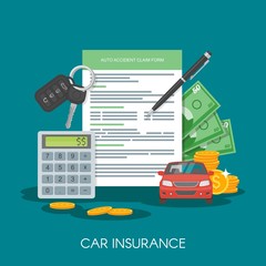 Car insurance form concept vector illustration. Auto keys, car, calculator and money