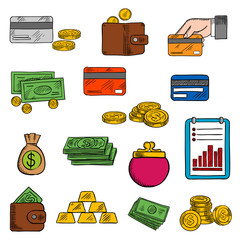Poster - Money bag and dollar bills, golden coins and wallet, coin purse and credit card, stack of gold bars and financial report with growing bar graph. Finance, business, retail, payment themes