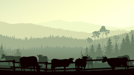 Horizontal illustration of farm pets in background wooded hills.