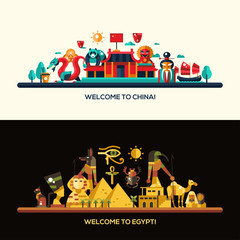 Sticker - Flat design Egypt, China travel banners set