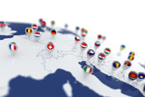Fototapeta Mapy - Europe map with countries flags location pins