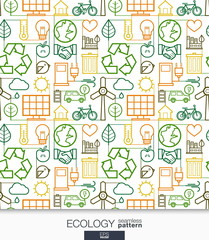 Wall Mural - Ecology wallpaper. Green energy connected seamless pattern. Tiling textures with thin line integrated web icons set. Vector illustration. Abstract background for mobile app, website, presentation.