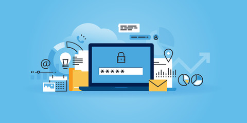 Fototapete - Flat line design website banner of online security, data protection, antivirus software, cloud computing. Modern vector illustration for web design, marketing and print material.