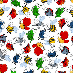 Wall Mural - Colorful seamless pattern with funny butterflies and bees, ladybugs and spotted caterpillars, fluffy spiders and mosquitoes, flies and grasshoppers insects