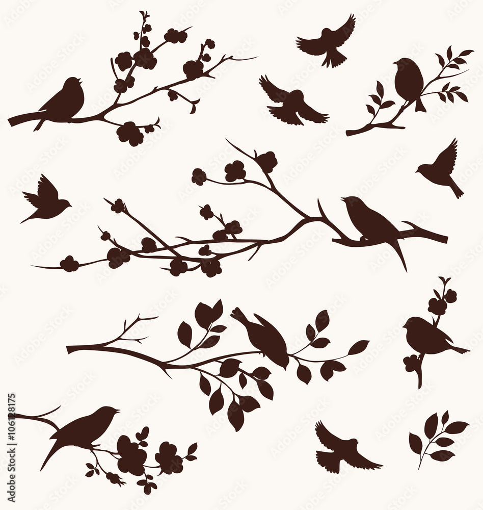Spring set  birds and twigs. - obrazy, fototapety, plakaty 