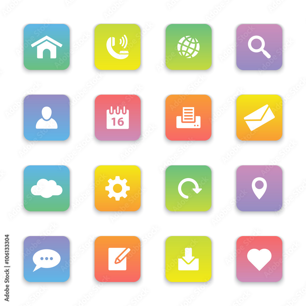 gradient colored flat web and technology icon set on rounded rectangle ...