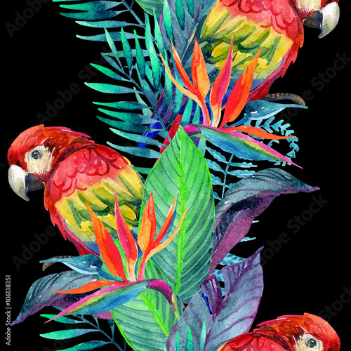 Cotton fabric watercolor parrots with tropical flowers seamless pattern