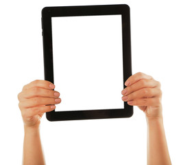 Black tablet in hands isolated on white background