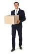 © Africa Studio - Man in suit holding carton boxes isolated on white background