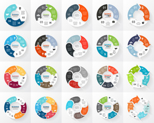 Vector circle arrows infographics set. 3, 4, 5, 6 options, parts, steps. Template for cycle diagram, graph, puzzle presentation and round chart. Business concept with data processes.