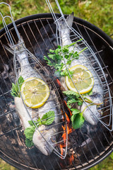 Wall Mural - Grilling tasty fish with lemon and herbs