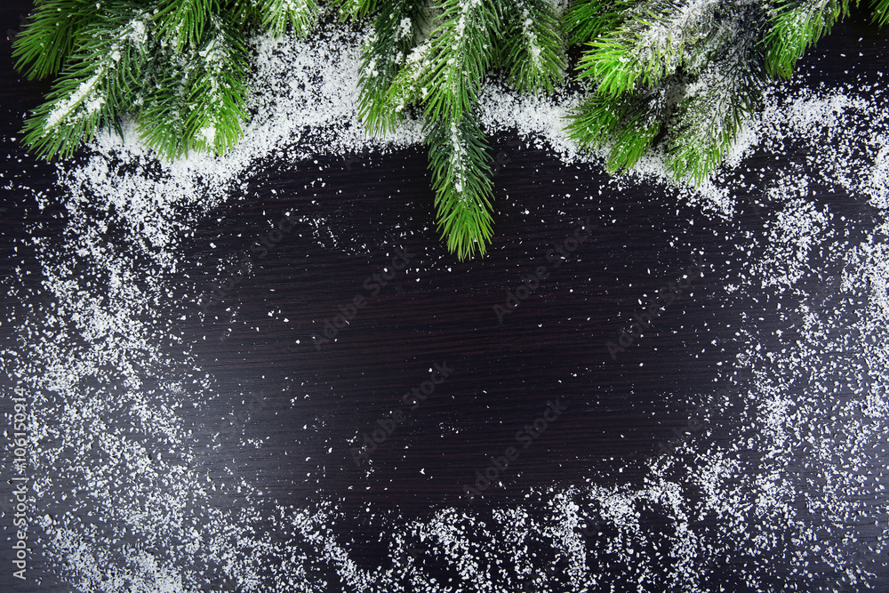 Snowy fir twigs on dark wooden background