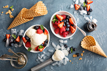 Vanilla Ice Cream Scoops With Berries
