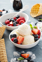 Vanilla Ice Cream Scoops With Berries