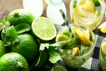 Fresh mojito drinks with lime, lemon and mint, closeup