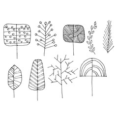 hand drawn doodle trees set.