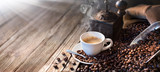 Fototapeta Kawa jest smaczna - The Good Morning Begins With A Good Coffee - Morning Light Illuminates The Traditional Espresso
