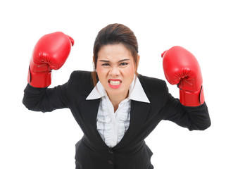 Asian business woman with boxing gloves angry isolated on white