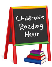 Reading Hour Sign, Chalk Text On Multi Color Wood Childrens Easel With Stack Of Books For Schools, Libraries And Bookstores, Isolated On White Background. 