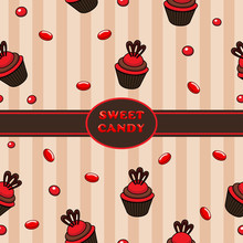 Бесшовная текстура с изображением десерта в виде пирожного и леденцовых конфет.
