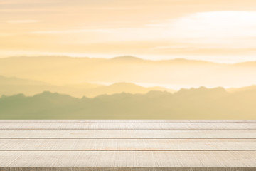 Wall Mural - wood table top on blurred mountain landscape