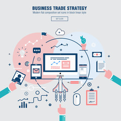 Poster - Modern block line flat business trade strategy with information and mobile technologies graph icons and computers industry