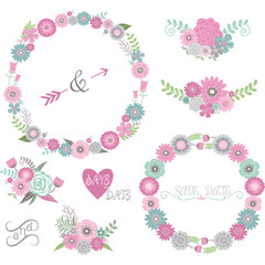 Wall Mural - Wedding Floral Elements.Labels,Ribbons,Hearts,Arrows,Flowers,Wreaths,Laure