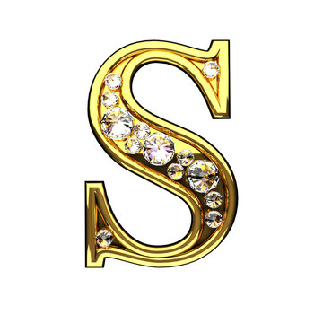 s isolated golden letters with diamonds on white