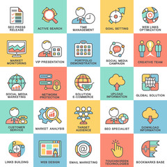  Modern SEO contour icons of web optimization, marketing.