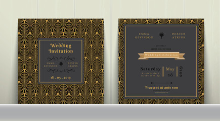 Wall Mural - Art Deco Wedding Invitation Card  in Gold and Dark Gray