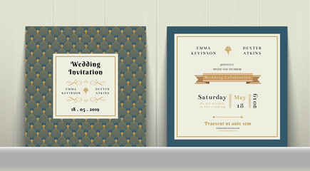 Wall Mural - Art Deco Wedding Invitation Card in Gold and Blue