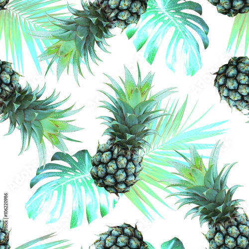 Fototapeta Pineapples and tropical leaves background Vintage Seamless Pattern