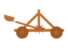 Old Medieval Wooden Catapult Shooting Stones Vector Illustration . Catapult On White Background. Catapult Isolated Vector.
