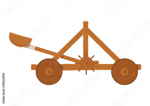 Fotografía old medieval wooden catapult shooting stones vector illustration
