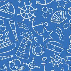 Wall Mural - nautical sketch doodle vector icons seamless light blue pattern eps10